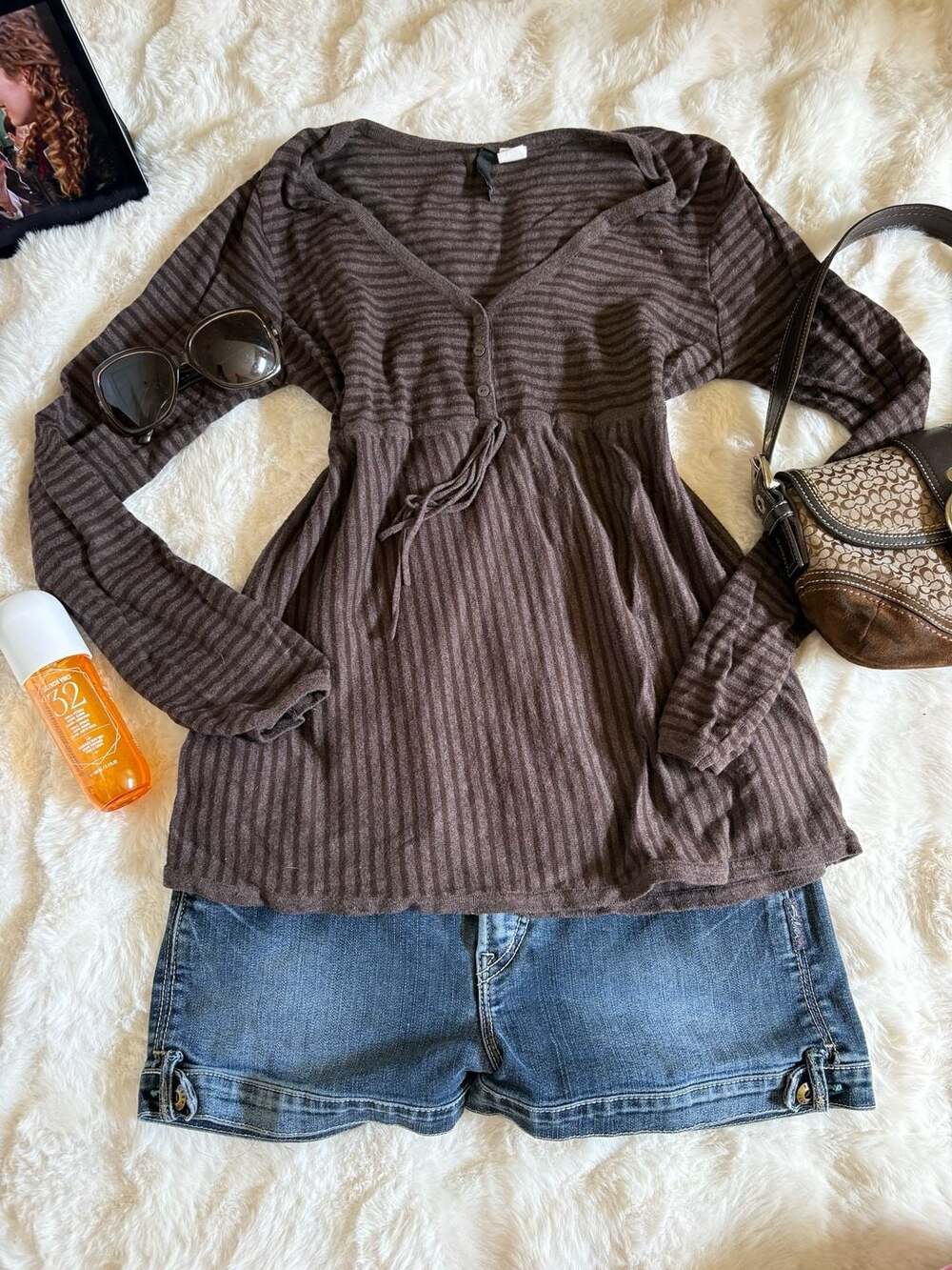 Divided by H&M Brown Striped Long Sleeve Babydoll Top